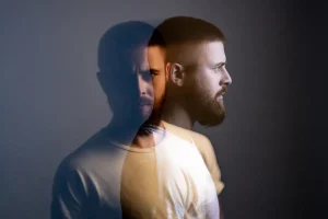 Double exposure crative side view profile. ADHD
